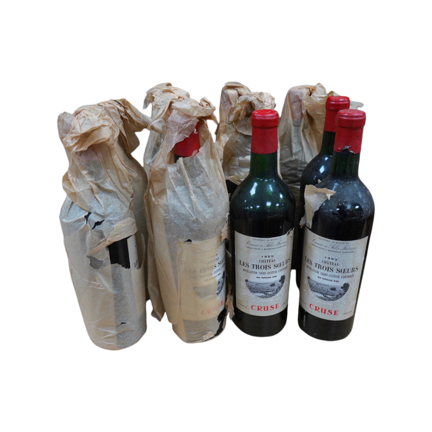 Eleven bottles of Chateau ‘Les Trois Soeurs’ Bordeaux , Cruse. Condition - fair, unknown storage